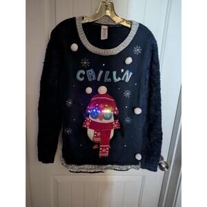 Holiday Time Light-Up Penguin Blue Ugly Christmas Sweater Size M (8-10) CHILL’N